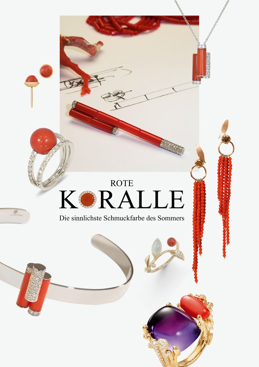 Rote Koralle, eine Collage mit Korallen Schmuck