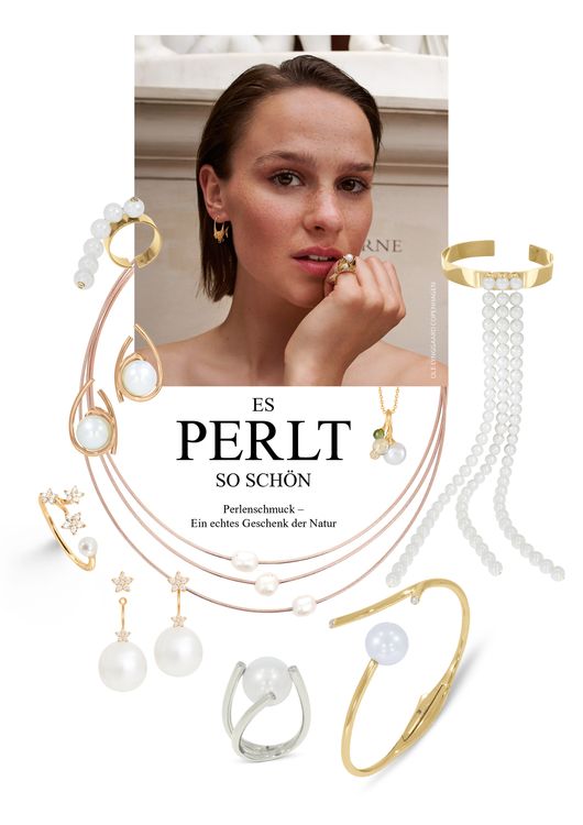 Es PERLT so sch&ouml;n. Model tr&auml;gt einen Ring von Ole Lynggaard in Fischform mit einer Perle im &bdquo;Mund&ldquo;, umgeben von einer Kollage aus verschiedenen Perlenschmuckst&uuml;cken.